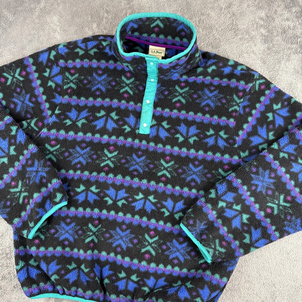 LL Bean Fleece Pullover Kids XL Black Blue Fair Isle‎ Vintage 90s Snap-T